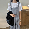 韩国chic夏季法式小众方领撞色格子宽松休闲无袖背带连衣裙长裙女
