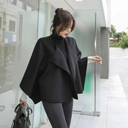 韩国东大门新短款披肩蝙蝠袖大衣女，双面手缝羊绒上衣斗篷毛呢外套