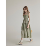 三十三法式条纹无袖绿色吊带连衣裙女夏收腰显瘦裙子