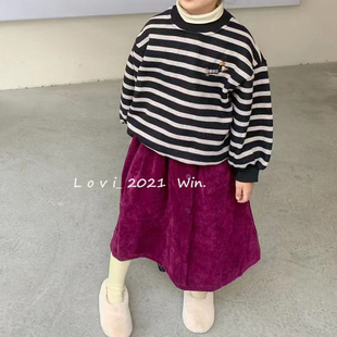 韩版儿童上衣冬季新女童(新女童，)加厚抓绒，圆领条纹卫衣紫红色灯芯绒半身裙