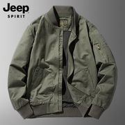 jeep秋冬季美式工装夹克男士棒球，服立领军绿色水洗纯棉飞行员外套