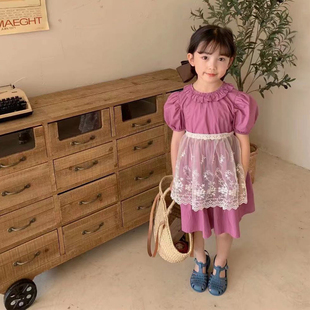 韩版儿童裙子夏季花边领纯棉两件套双层蕾丝显瘦圆领连衣裙