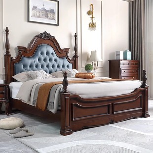 美式实木床真皮双人床公主，床欧式奢华主人，床别墅雕花柱子床婚床