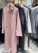 秋冬韩系粉色双面羊毛，手工缝合大衣女中长款宽松立领双排扣外套