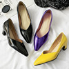 紫色单鞋黄色漆皮粗跟鞋尖头，漆皮中跟单鞋，大码434445464748