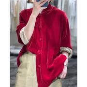 品牌折扣真丝丝绒复古唐装上衣，新中式立领中国风，红色开衫外套