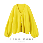 重磅加厚!柠檬黄灯笼袖v领粗针羊绒毛衣开衫，女纯羊绒针织开衫
