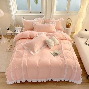 粉色被套四件套少女卧室床品春夏公主风被罩床笠款床单三件套