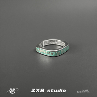 ZXS蓝色小珐琅爱心字母戒指ins高级感嘻哈开口可调节男女食指环潮