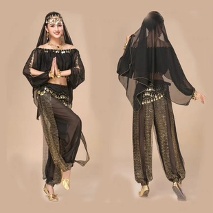 印度舞服装女黑色表演服直播表演服装性感，露肩舞蹈服灯笼裤长袖款