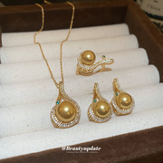 真金电镀锆石几何珍珠项链耳环，戒指套装法式复古设计感锁骨链饰品