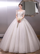 主婚纱2023新娘高级质感法式秋冬季复古齐地显瘦短袖气质
