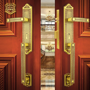 铠铜威 中式黄铜大门拉手锁实木双开门大把手锁铜仿古入户门锁