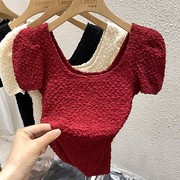 泡泡袖T恤女夏季复古法式修身短款洋气方领内搭早秋红色短袖上衣