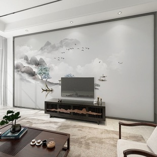 中式意境水墨山水，壁画客厅电视背景墙2023年卧室，大气装饰壁纸