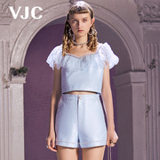 VJC/威杰思2023春夏女装蓝色法式荷叶边短袖修身短款上衣