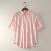 21927刺绣花朵粉色翻领半开襟套头宽松短袖衬衫衬衣上衣女0.15
