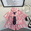 男童短袖衬衫套装2024夏季女宝韩版领带，粉色雪纺衬衣短裤三件套潮