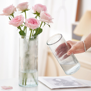 水养富贵竹玫瑰百合花瓶摆件，大号直筒玻璃透明客厅，插花装饰高级感