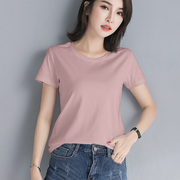 粉色纯棉修身圆领短袖t恤女夏季纯色百搭减龄显瘦打底体恤衫