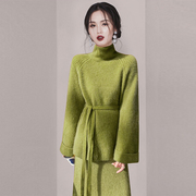 qir绿色针织毛衣套装女2024早春法式气质女神范半身裙两件套