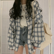 防晒衣女款长袖格子，衬衫薄外套，夏季韩版大码宽松防紫外线开衫