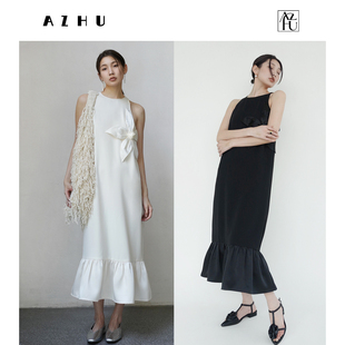 夏上新4.22 10点新AZHU 设计感 优雅立体花醋酸连衣裙 黑白