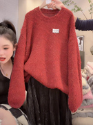 灯笼袖慵懒风红色毛衣女韩版宽松显瘦针织软糯设计感百搭时尚上衣