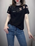 韩国黑色镂空圆领短袖T恤女夏季2024减龄设计感纯棉刺绣时尚