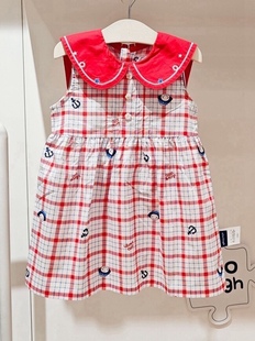 韩国童装夏女童(夏女童)宝宝，红色格纹大翻领可爱甜美连衣裙娃娃裙