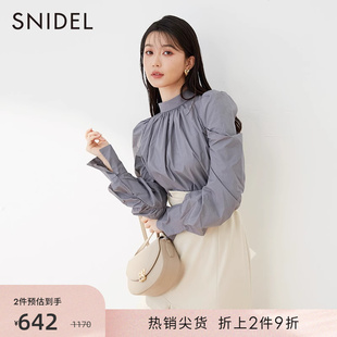 snidel秋冬款甜美纯色立领，系带泡泡袖雪纺，衬衫上衣swfb225102