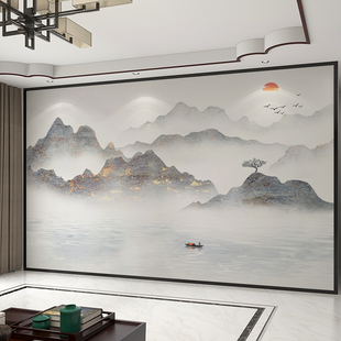 墙纸定制新中式淡雅山水电视，背景墙壁纸客厅壁布，装饰影视墙布壁画