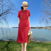 原创苎麻高端连衣裙2024年红色改良旗袍夏季短袖复古绣花洋气