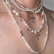 小众十字架毛衣链不规则，大小珍珠串珠长项链，多种佩戴方式锁骨链女