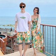 沙滩裙女情侣装夏装短袖t恤三亚旅游拍照大码连衣裙海边度假套装
