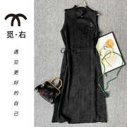 新中式露肩旗袍裙女夏提花真丝，复古黑色礼服，长裙无袖连衣裙