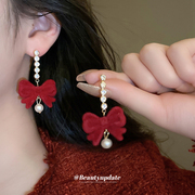katomiacc红色蝴蝶结耳坠，新年巴洛克珍珠耳环，2024过年耳钉女耳饰