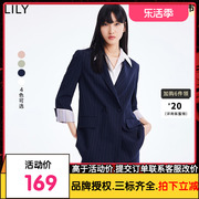 lily2022夏女装(夏女装)气质双排扣垫肩设计宽松通勤条纹小西装外套