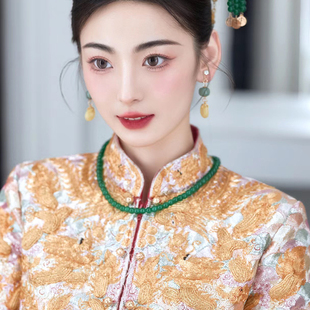 中式婚礼仿翡翠绿色水晶汉服，传统古装项链复古新娘，秀禾龙凤褂配饰