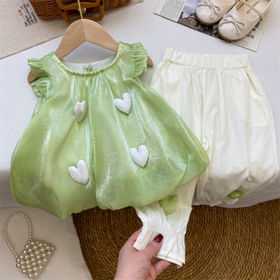 女童套装夏季2024宝宝洋气时尚绿色娃娃衫七分裤灯笼裤两件套