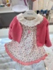 韩国童装春女童宝宝娃娃，领碎花连衣裙玫，粉色开衫毛衣套装