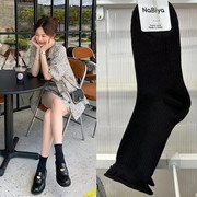 韩国女袜东大门黑色系纯色袜子百搭网红款坑条卷边棉质透气中筒袜