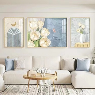 奶油风客厅装饰画现代简约沙发，背景墙三联画北欧轻奢高级感挂画