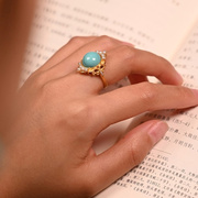 东游记原矿天然湖北绿松石戒指女款高端18k金镶钻(金镶钻)珍珠高瓷戒指环