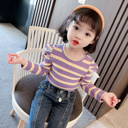 女童长袖条纹T恤春秋装2023韩版中小童洋气泡泡袖上衣宝宝打底衫