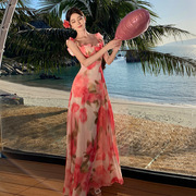 超仙大摆氛围感粉玫瑰花朵，复古方领吊带长裙设计感海边度假连衣裙