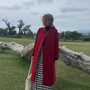 高端纯双面羊绒尼子大衣女2023年秋冬品牌红色外套女结婚套装