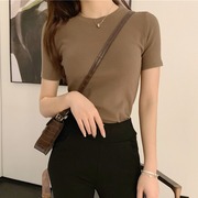 棕色T恤女短袖韩版夏季纯色百搭咖啡色体恤衫网红港味上衣服
