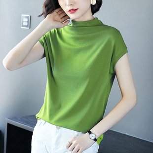 绿色t恤女半高领短袖，打底衫2024春夏纯棉，半袖宽松上衣外穿潮