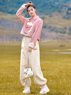 新中式国风民族风时尚套装女春秋宽松洋气，减龄刺绣外套裤子两件装